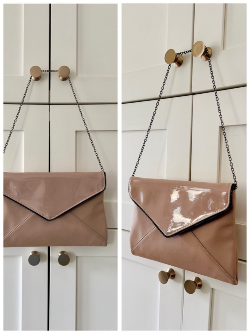La Diva Nude Patent Leather Envelope Clutch Crossbody Bag | Gunmetal Hardware - Picture 3 of 17